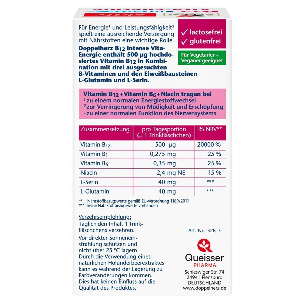 Rückseite einer Packung Doppelherz B12 Intense Vita-Energie mit Nährwertangaben und Herstellerinformationen.