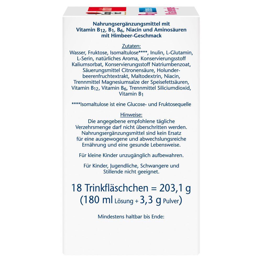Rückseite einer Packung Doppelherz B12 Intense Vita-Energie mit Zutatenliste und Anwendungshinweisen.