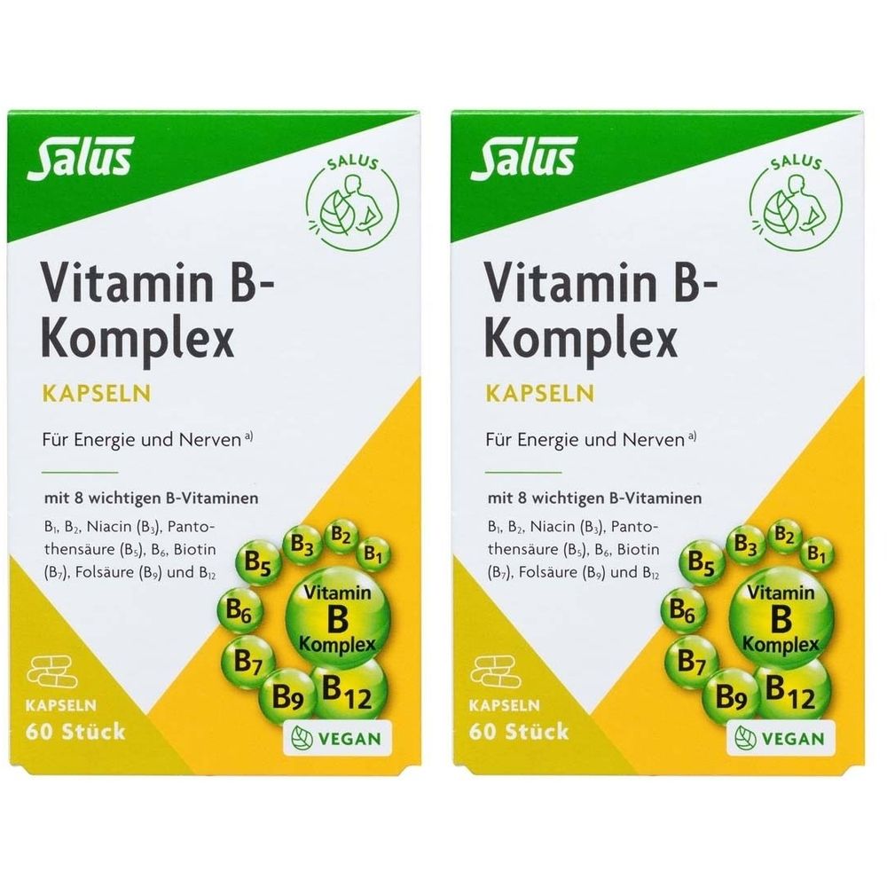 Zwei Kartons mit Salus Vitamin B-Komplex Kapseln. Grün-weiße Verpackung mit Produktnamen und Vitamin-B-Symbolen. Vegan.