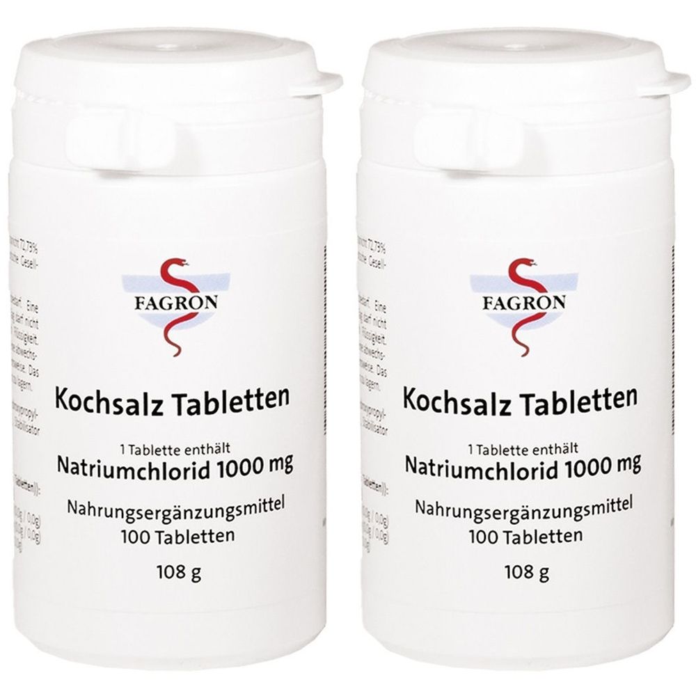 Zwei weiße Tablettenbehälter mit Deckel. Aufschrift: Fagron, Kochsalz Tabletten, Natriumchlorid 1000 mg, Nahrungsergänzungsmittel, 100 Tabletten, 108 g.