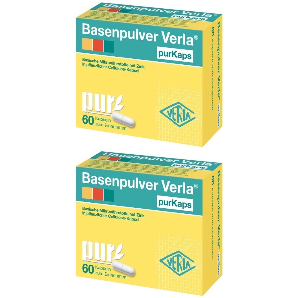 Zwei gelbe Kartons mit "Basenpulver Verla purKaps". Aufschrift: "60 Kapseln". Grün-weißes Logo.