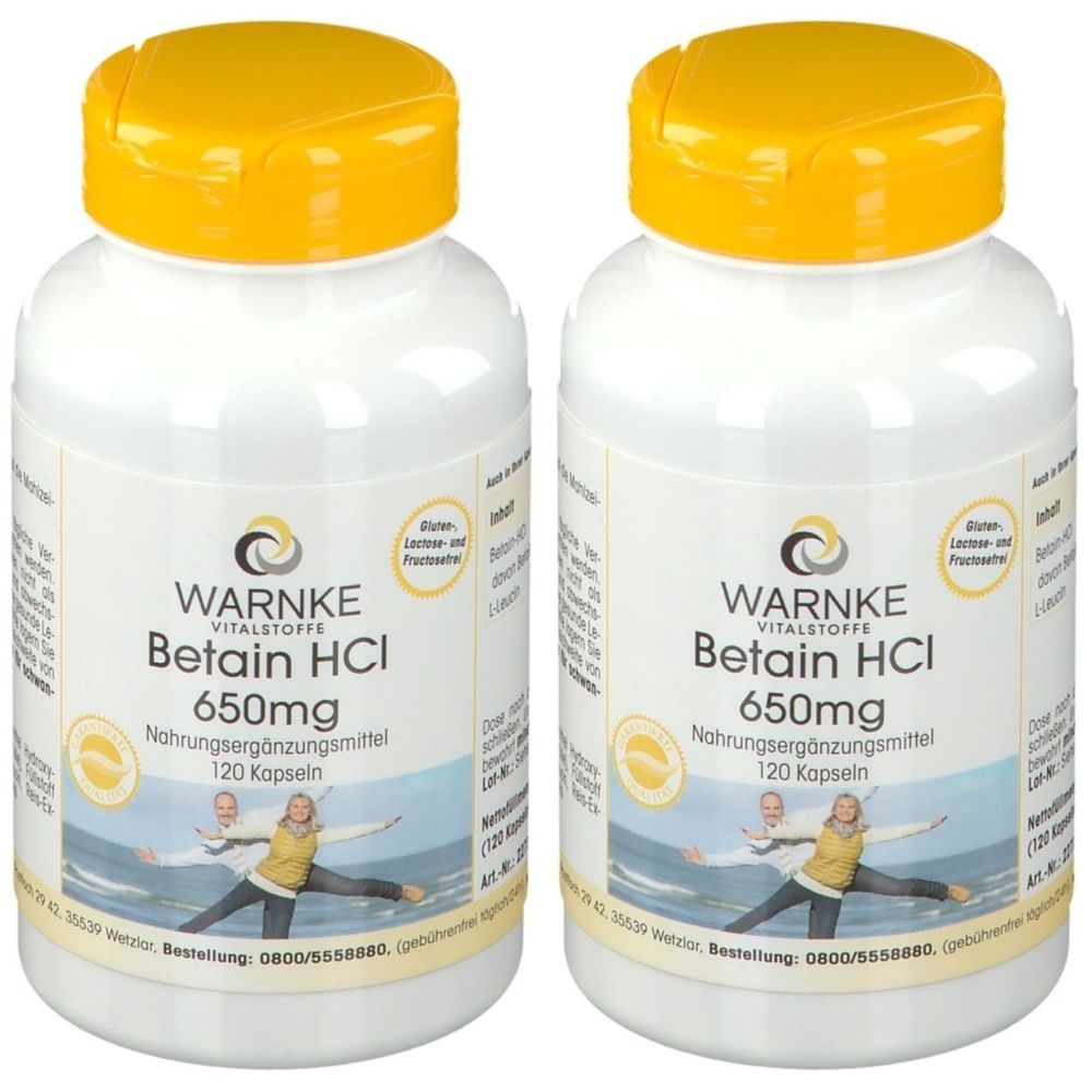 Deux flacons blancs avec des bouchons jaunes. Inscription : WARNKE VITALSTOFFE, Betain HCl 650mg, complément alimentaire, 120 gélules.