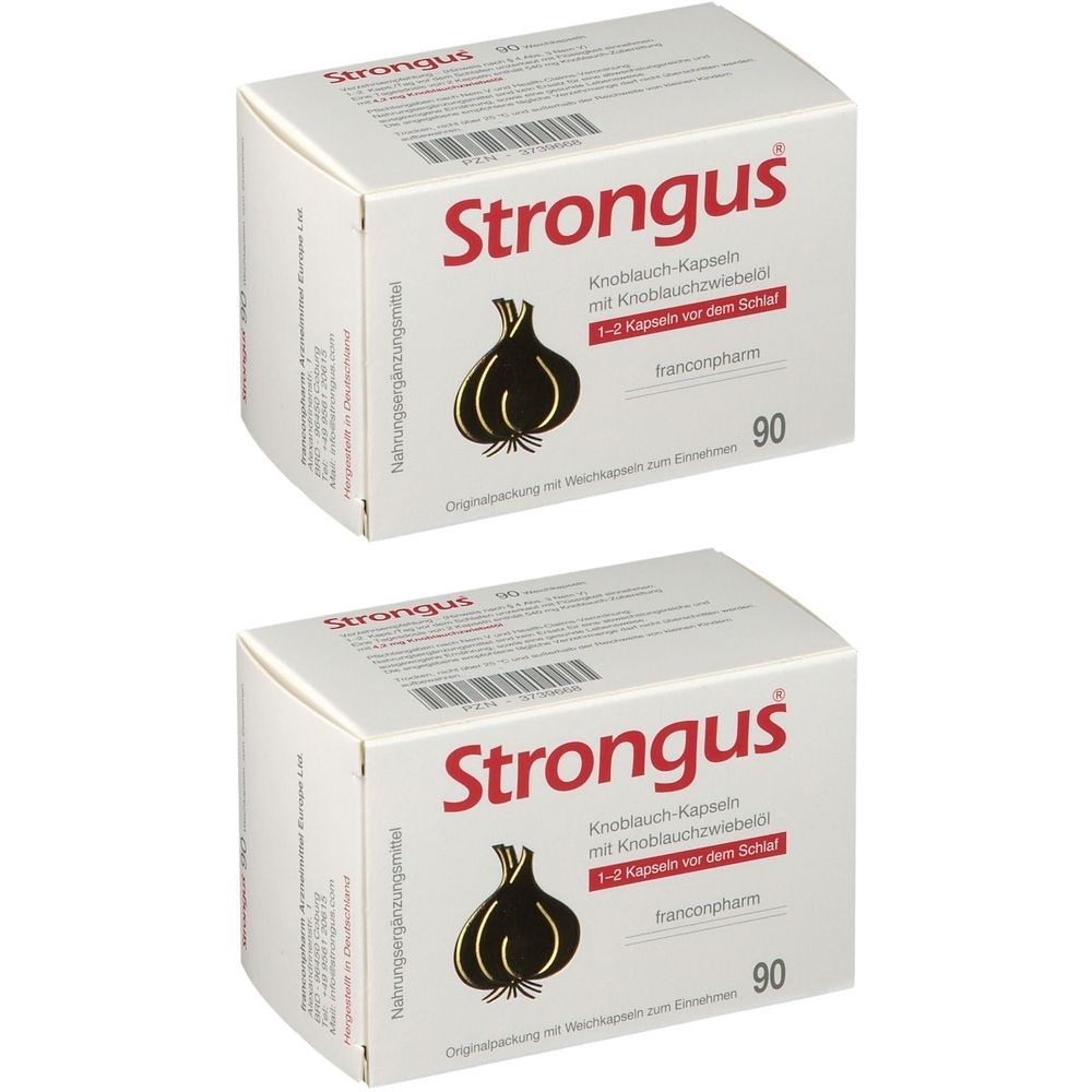 Zwei weiße Kartons mit rotem Schriftzug Strongus und Knoblauch-Abbildung. Text: Knoblauch-Kapseln, 90 Stück.