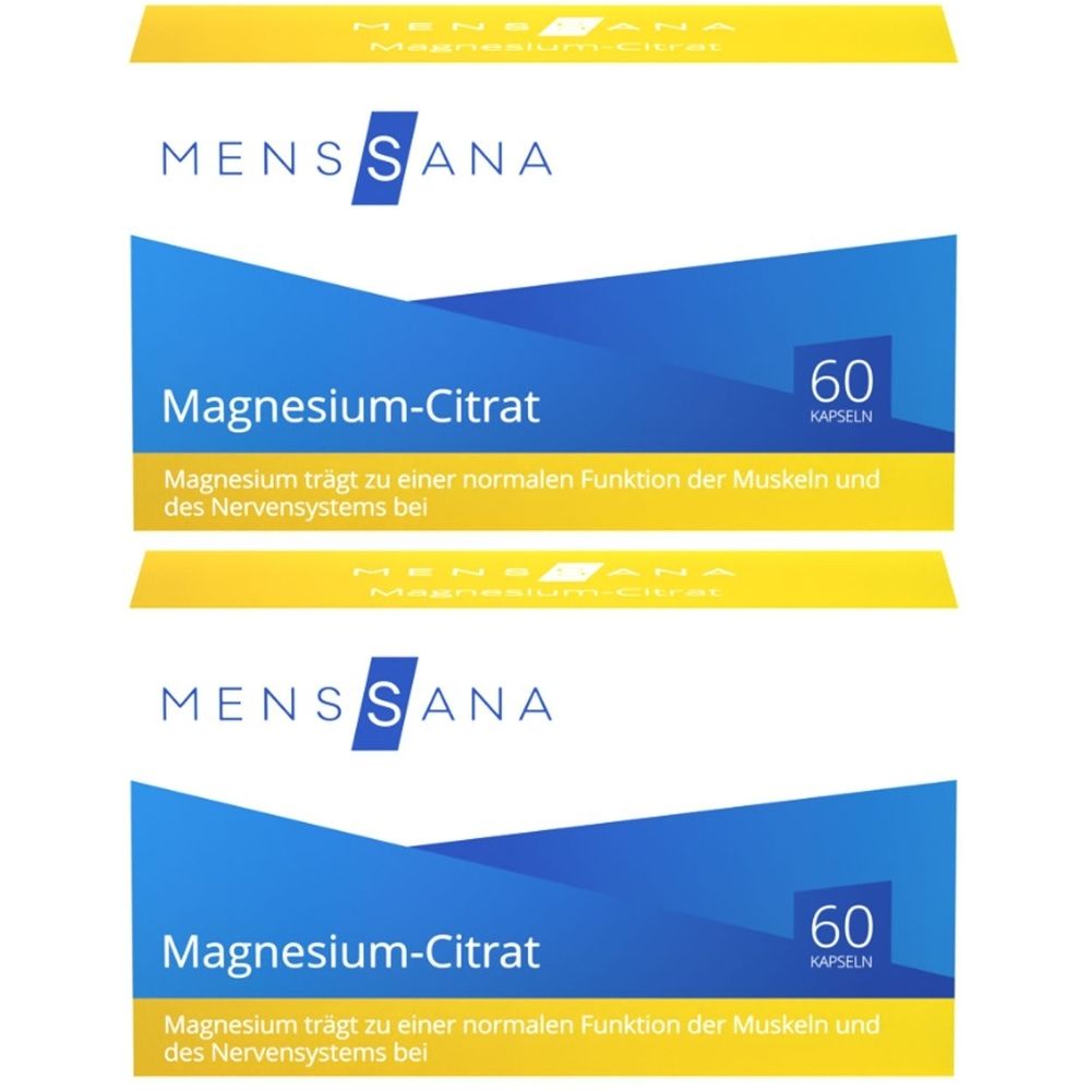 Zwei Packungen Magnesium-Citrat. Blaue und gelbe Verpackung mit weißer Schrift. Enthält 60 Kapseln. Marke: MENS SANA.
