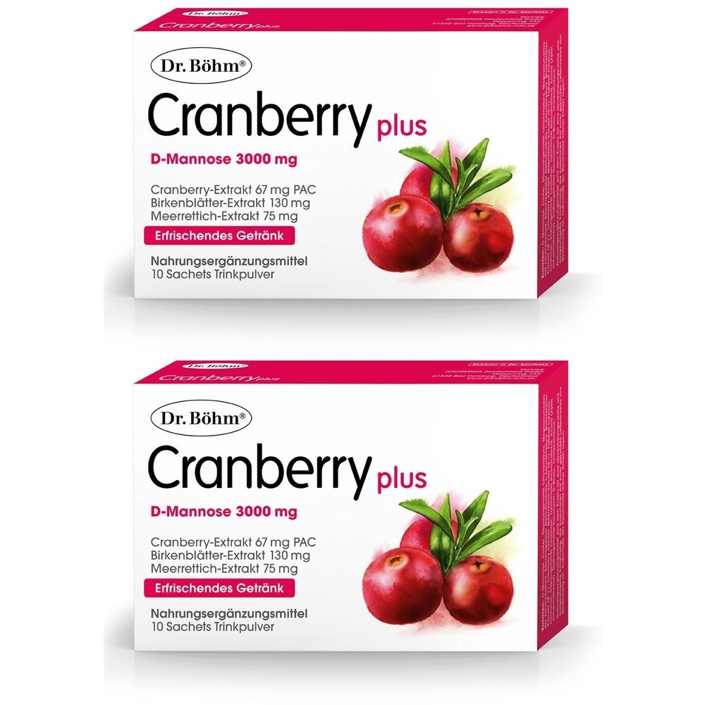 Deux boîtes de Dr. Böhm Cranberry plus. Boîte blanche avec texte rouge et image de canneberges. Contient un complément alimentaire.