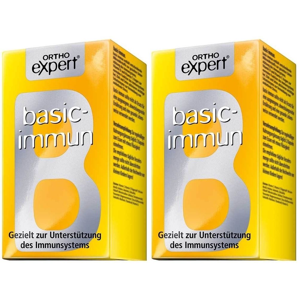 Zwei gelbe Schachteln. Aufschrift: Orthoexpert basic-immun. Text: Gezielt zur Unterstützung des Immunsystems.