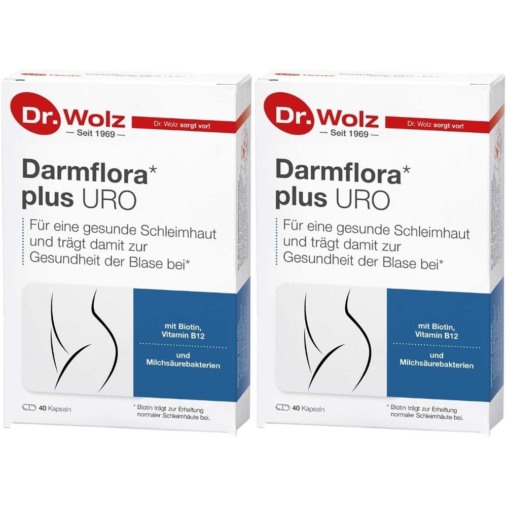 Zwei Kartons mit "Darmflora plus URO". Blaue und weiße Verpackung. Enthält Biotin, Vitamin B12 und Milchsäurebakterien.