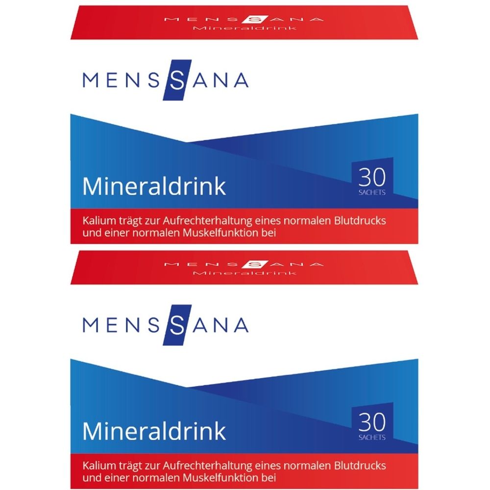 Mehrere Packungen Mineraldrink. Blaue und weiße Verpackung mit roter Schrift. Enthält 30 Sachets. Schriftzug: MENS SANA, Mineraldrink.