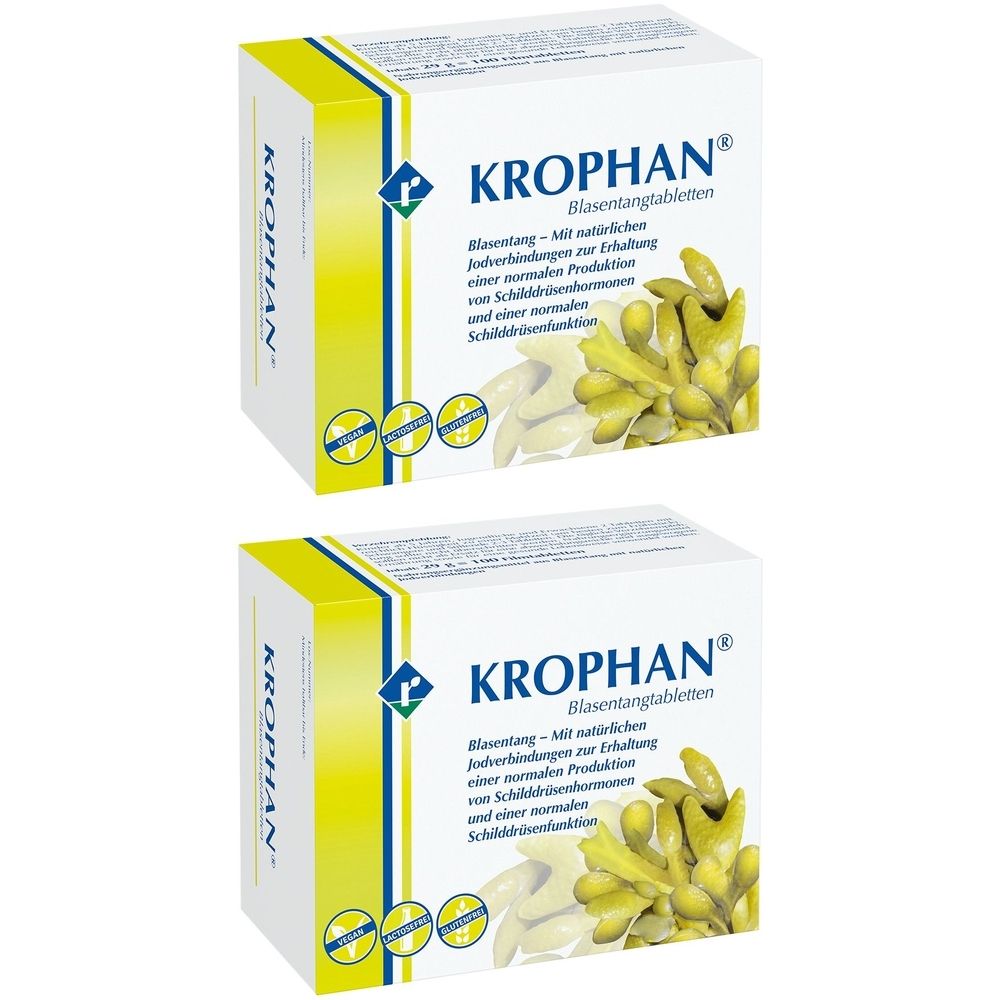 Zwei Schachteln KROPHAN® Blasentangtabletten. Weiße Verpackung mit gelben Akzenten und Produktinformationen.
