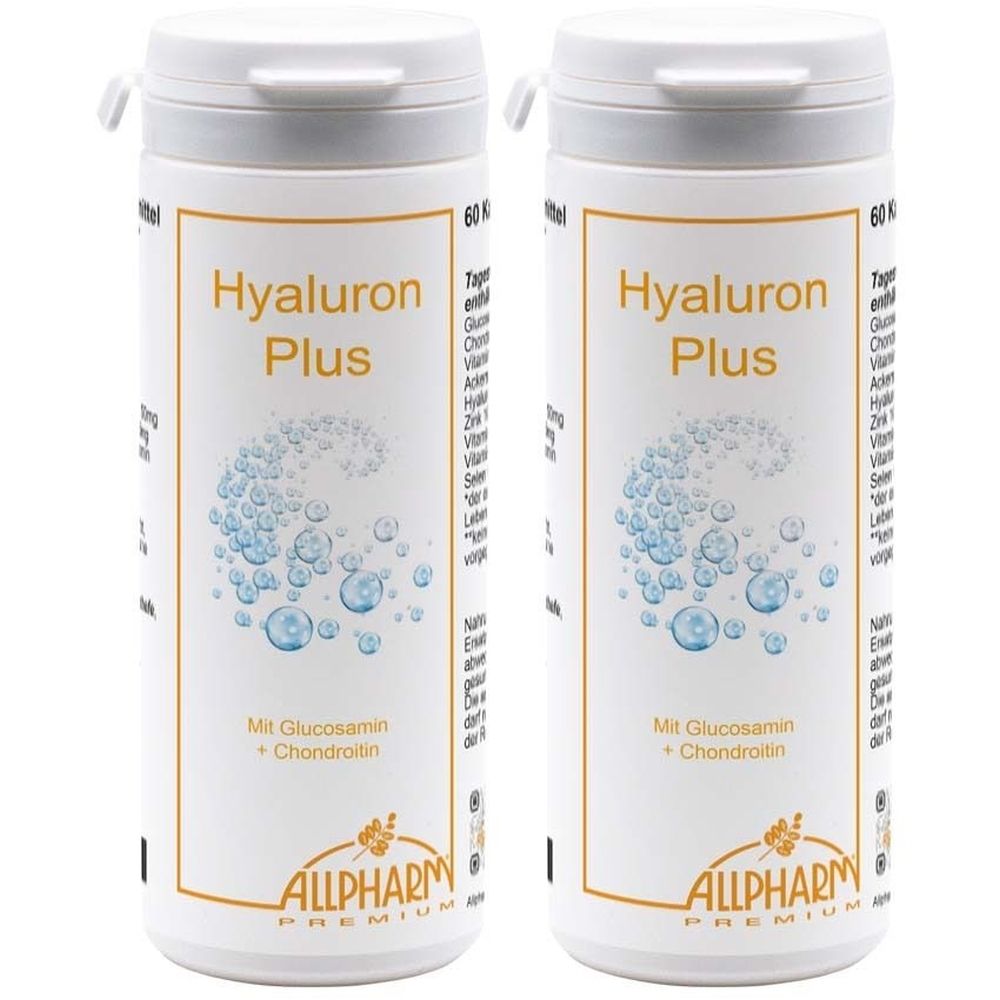 Deux flacons blancs avec "Hyaluron Plus". Inscription "Mit Glucosamin + Chondroitin". Marque: ALLPHARM PREMIUM.