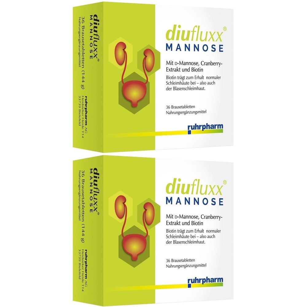 Deux boîtes de diufluxx® Mannose. Emballage vert et blanc avec nom du produit et illustration du système urinaire. 36 comprimés effervescents.