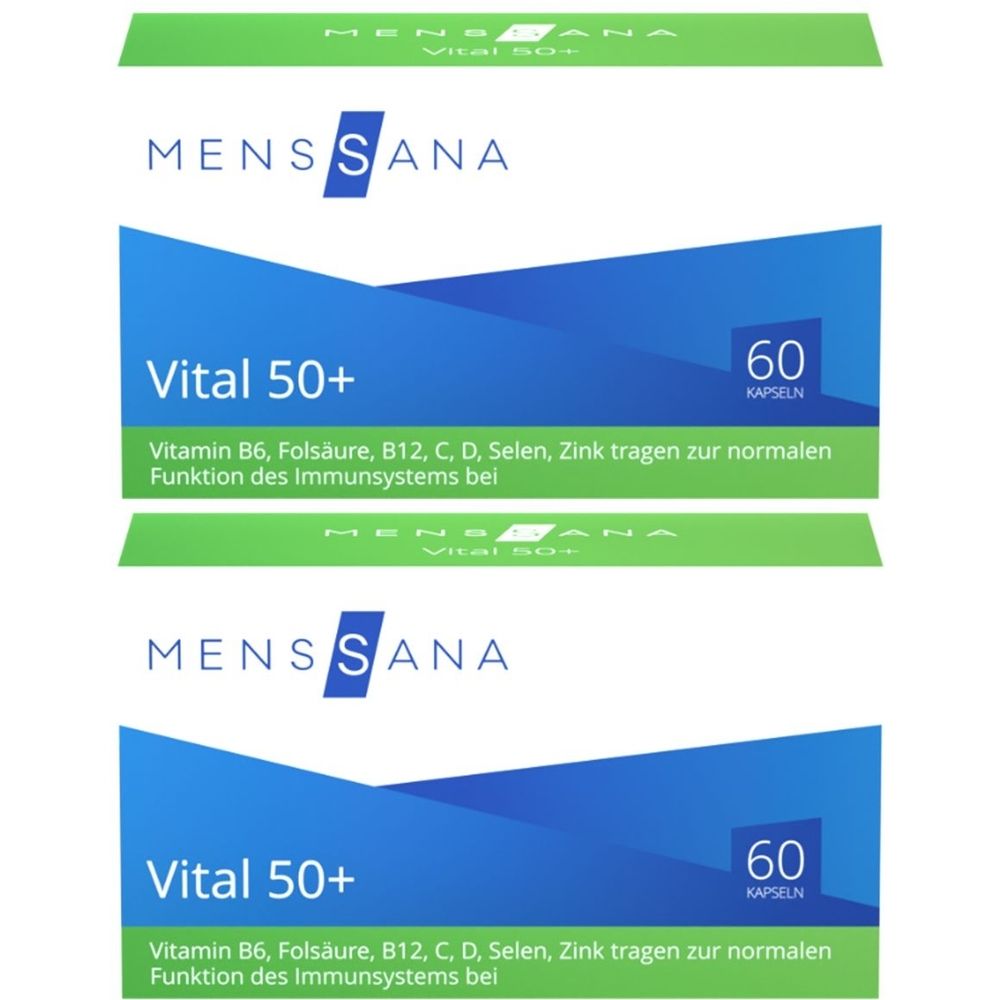 Verpackung von MENSSANA Vital 50+. Blaue und grüne Schachtel mit Produktnamen und Inhaltsangaben. Enthält 60 Kapseln.
