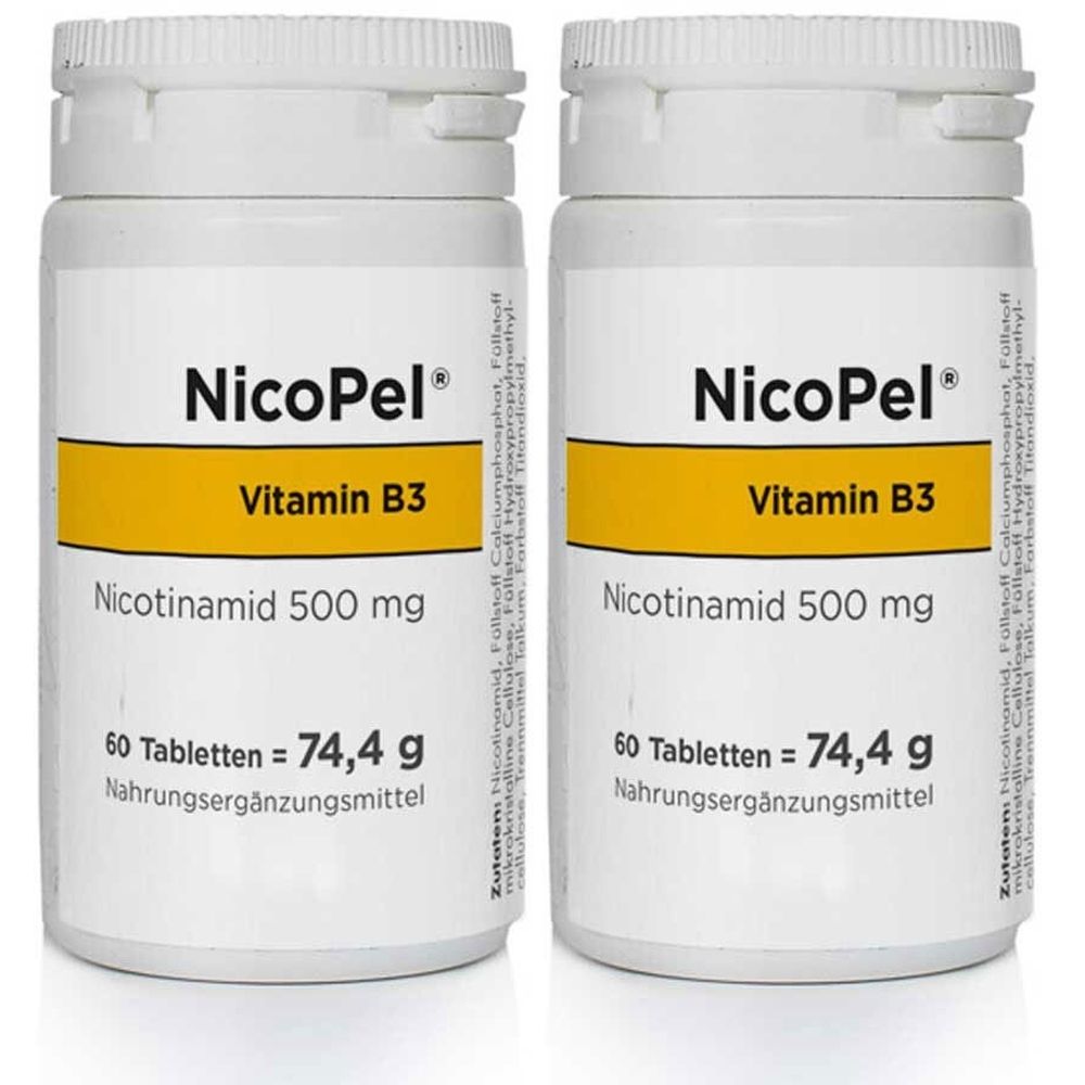 Deux flacons blancs avec le nom du produit NicoPel et Vitamine B3. Inscription : Nicotinamide 500 mg, 60 comprimés = 74,4 g, complément alimentaire.