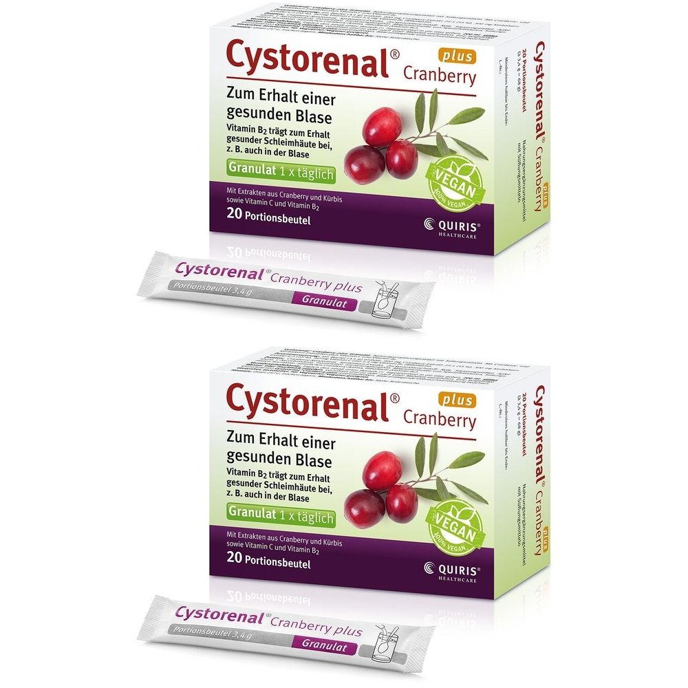 Deux boîtes de Cystorenal Cranberry plus. Inscription : Granulés, 20 sachets, végétalien. Sachets individuels à côté.