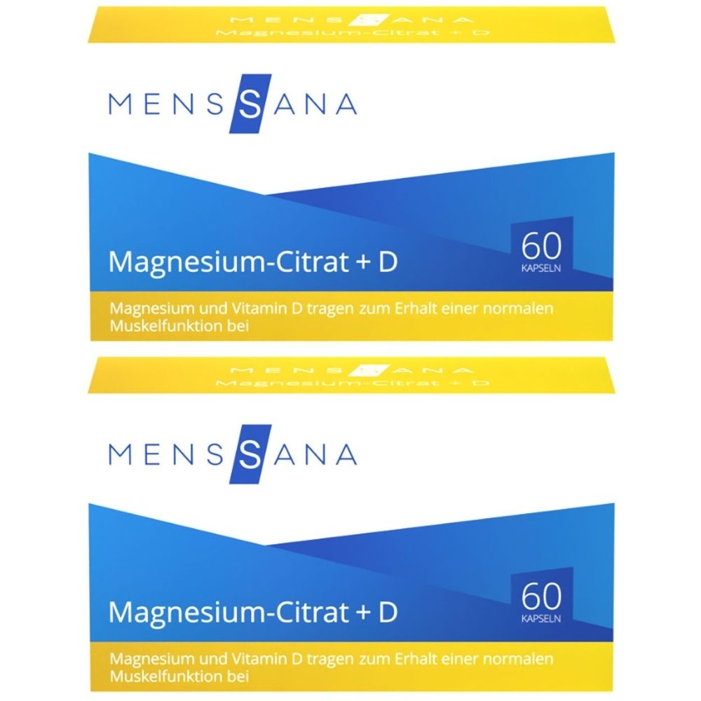 Zwei Packungen mit der Aufschrift "MENS SANA Magnesium-Citrat + D". Blaue Verpackung mit gelben Akzenten. Enthält 60 Kapseln.