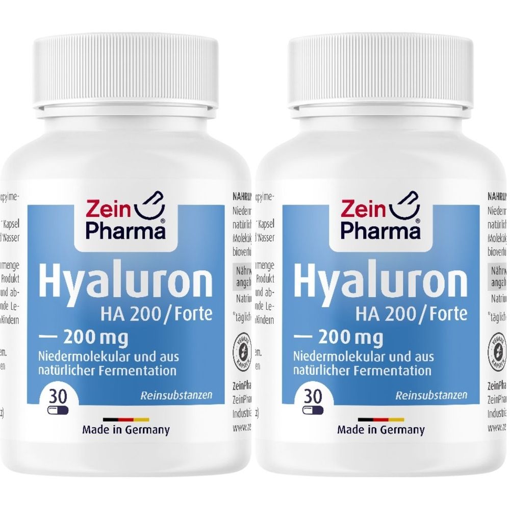Deux flacons blancs avec étiquettes bleues. Inscription: Zein Pharma Hyaluron HA 200/Forte, 200 mg, 30 gélules. Fabriqué en Allemagne.