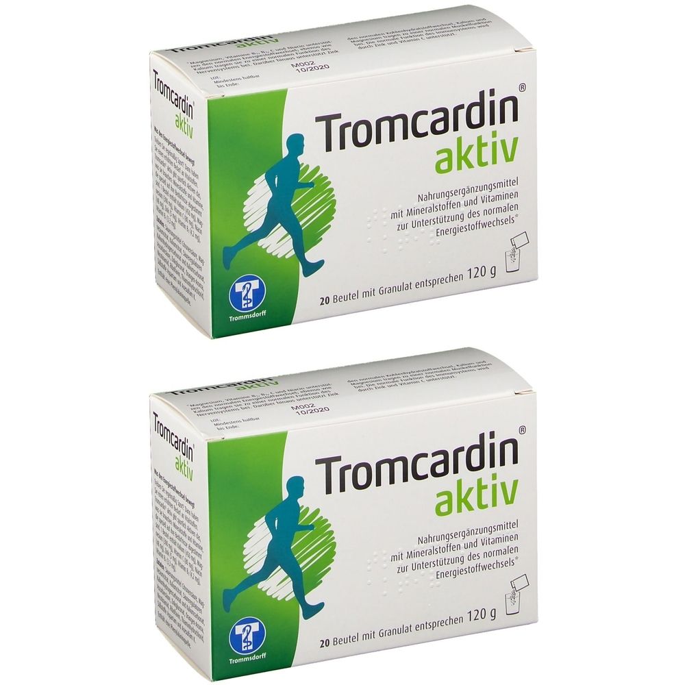 Zwei weiße Kartons mit "Tromcardin aktiv" Aufschrift. Grün-blauer Läufer-Silhouette. Text: Nahrungsergänzungsmittel, 20 Beutel, 120 g.