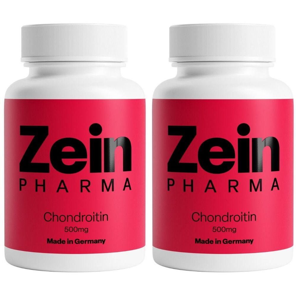 Zwei weiße Flaschen mit rotem Etikett. Aufschrift: Zein Pharma, Chondroitin 500mg, Made in Germany.