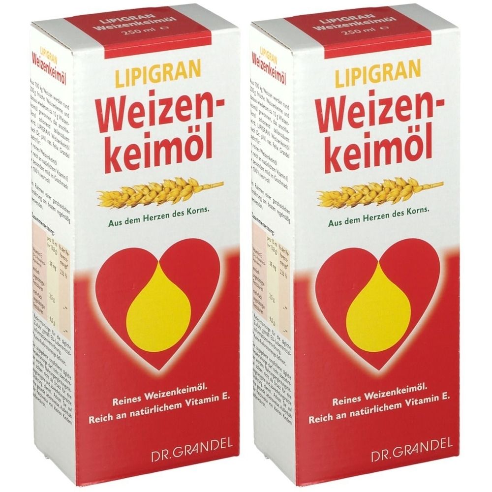 Deux boîtes de « LIPIGRAN Weizenkeimöl ». Fond rouge avec goutte jaune en forme de cœur. Texte : « Huile de germe de blé pure. Riche en vitamine E naturelle. »