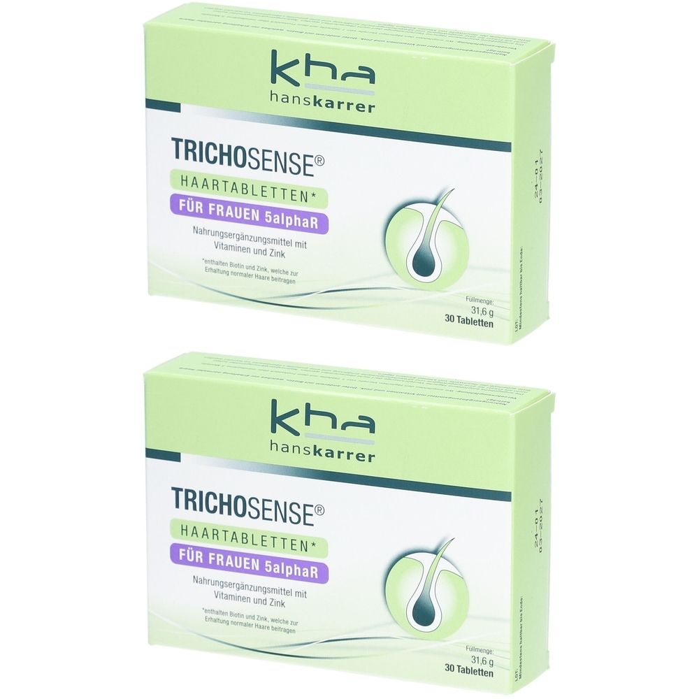 Zwei Schachteln TRICHOSENSE® Haartabletten. Aufschrift: kha hanskarrer, Für Frauen 5alphaR. Mit 30 Tabletten. Grün-weiß Verpackung.