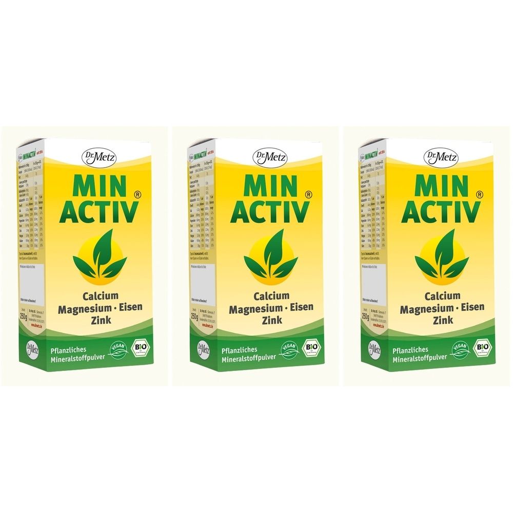 Trois boîtes identiques de MIN ACTIV. Emballage jaune et vert avec nom du produit, ingrédients et label bio. Contient calcium, magnésium, fer, zinc.