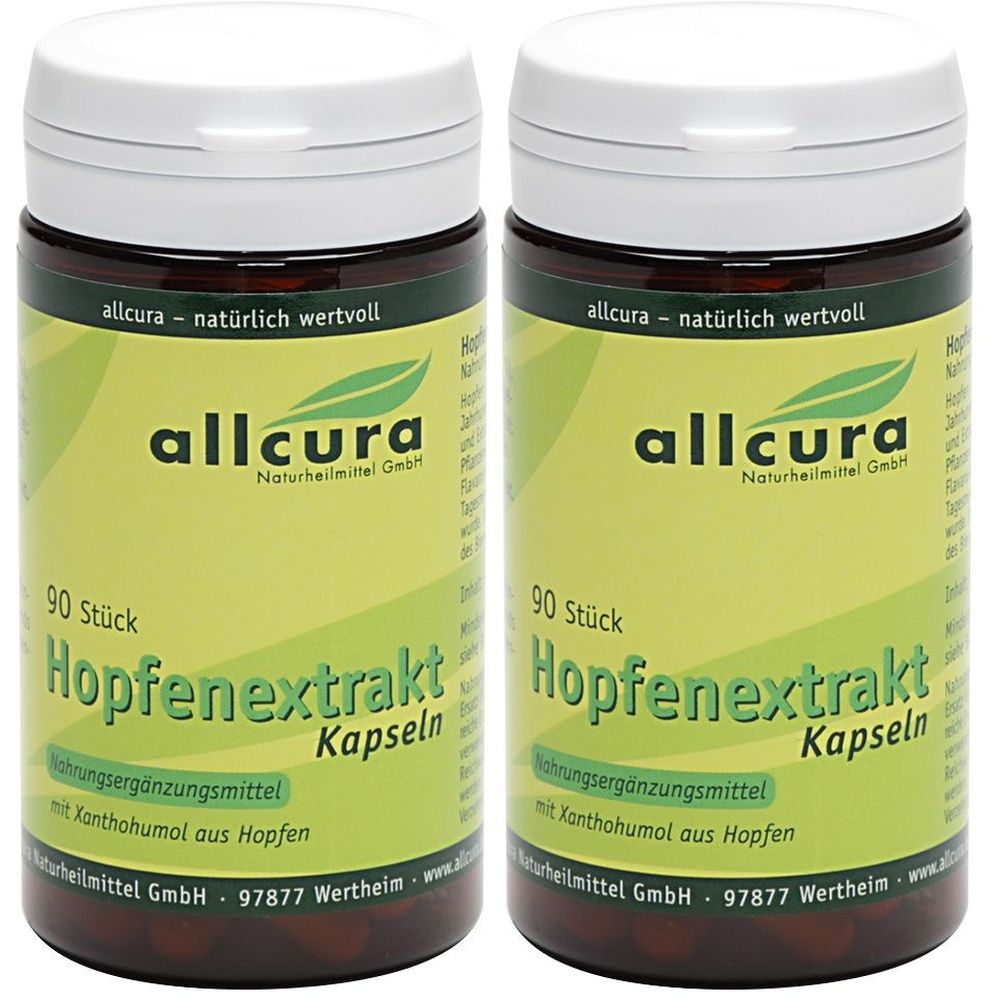 Zwei Flaschen mit weißem Deckel. Aufschrift: allcura Hopfenextrakt Kapseln. 90 Stück. Nahrungsergänzungsmittel.