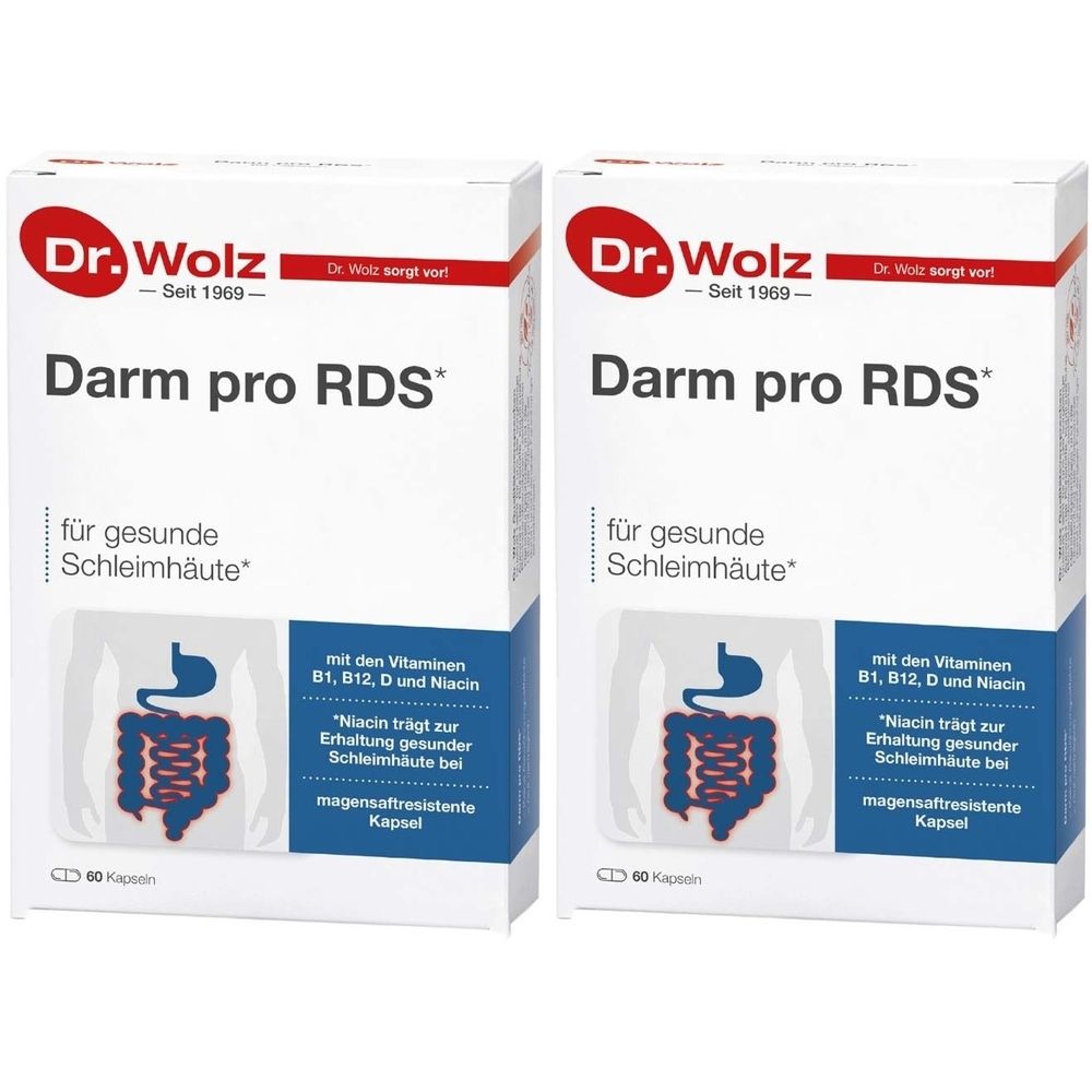Zwei weiße Kartons mit Produktaufdruck. Oben links Logo Dr. Wolz. Schriftzug Darm pro RDS. Text für gesunde Schleimhäute. Mit Vitaminen.