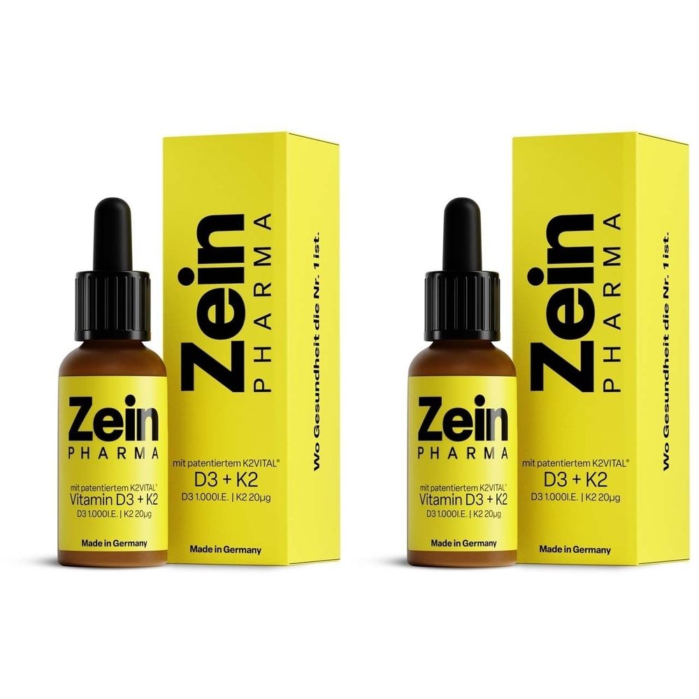Deux flacons de liquide brun avec pipette noire, à côté de boîtes jaunes. Inscription : Zein Pharma, Vitamine D3 + K2.