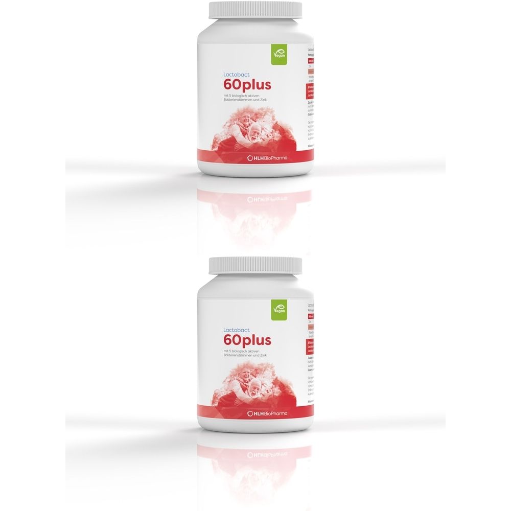 Deux flacons blancs de Lactobact 60plus. Étiquette rouge avec nom du produit et illustration.