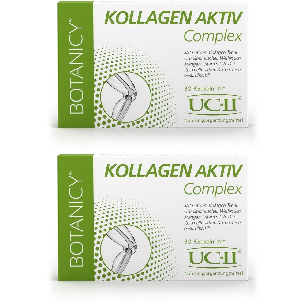 Deux boîtes de BOTANICY Kollagen Aktiv Complex. Emballage blanc avec des accents verts. Texte : KOLLAGEN AKTIV Complex, 30 gélules avec UC-II.