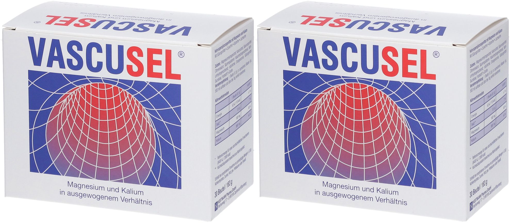 Deux boîtes blanches avec graphiques rouges et bleus. Inscription: VASCUSEL. Texte: Magnésium et potassium en proportion équilibrée.