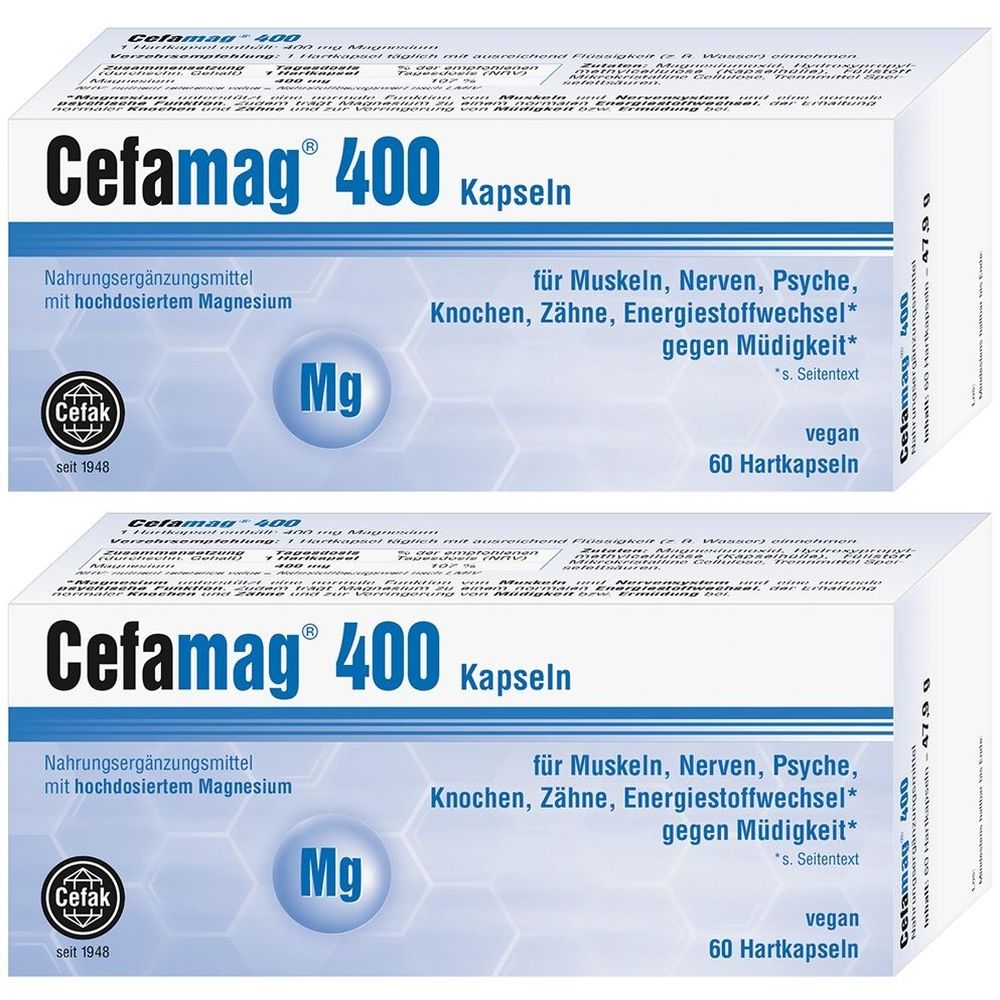 Deux boîtes de Cefamag® 400 Kapseln. Inscription : Complément alimentaire au magnésium. Contient 60 gélules. Vegan. Marque Cefak.