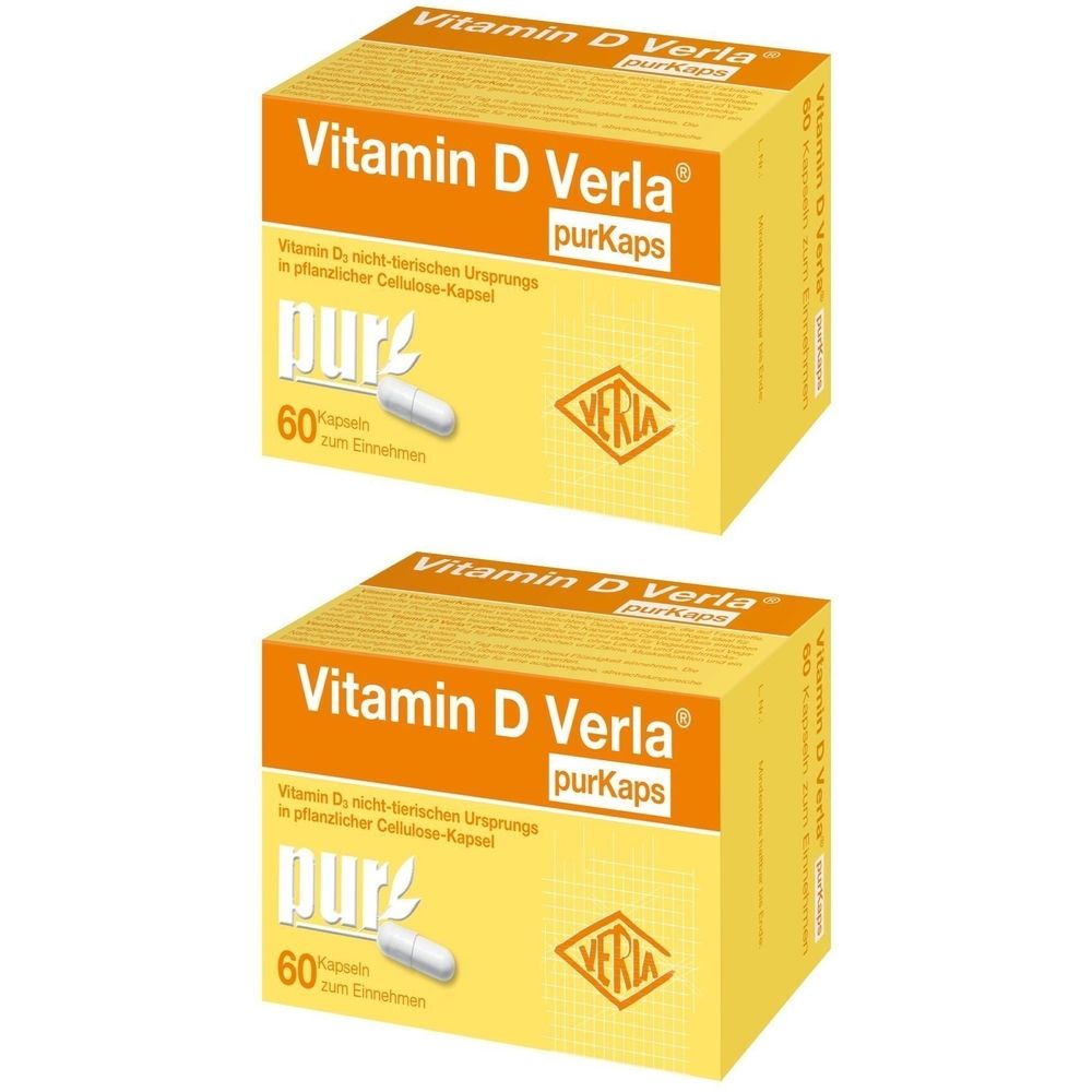 Deux boîtes jaunes avec "Vitamin D Verla purKaps". Une capsule et le chiffre 60 sont visibles. Le logo est présent.