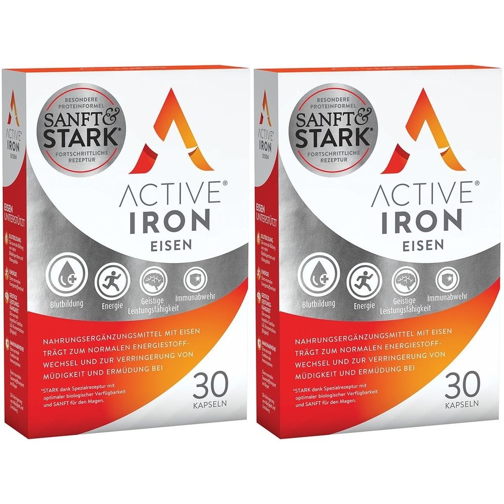 Zwei Packungen mit der Aufschrift Active Iron Eisen. Auf jeder Packung sind 30 Kapseln abgebildet. Logos und Text sind deutlich sichtbar.