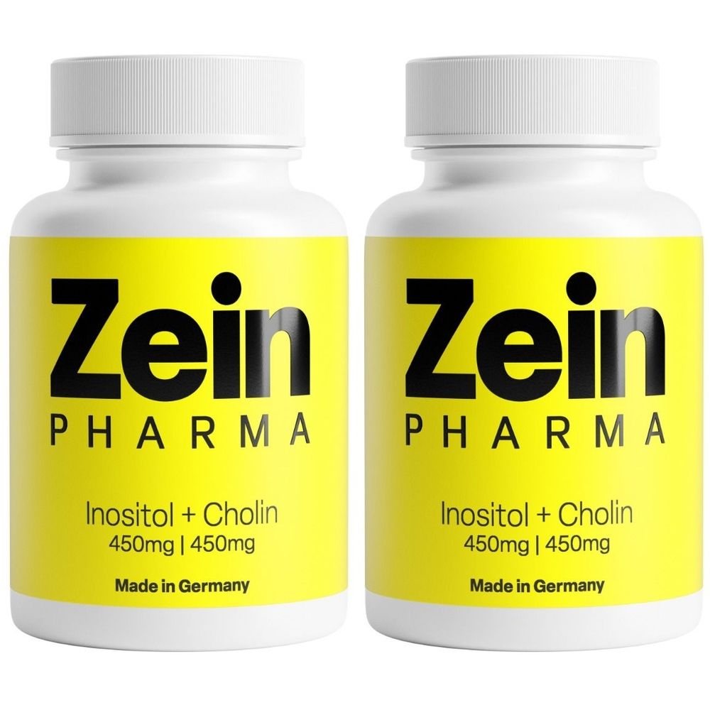 Deux flacons blancs avec étiquettes jaunes. Inscription : Zein Pharma, Inositol + Cholin 450mg | 450mg, Made in Germany.