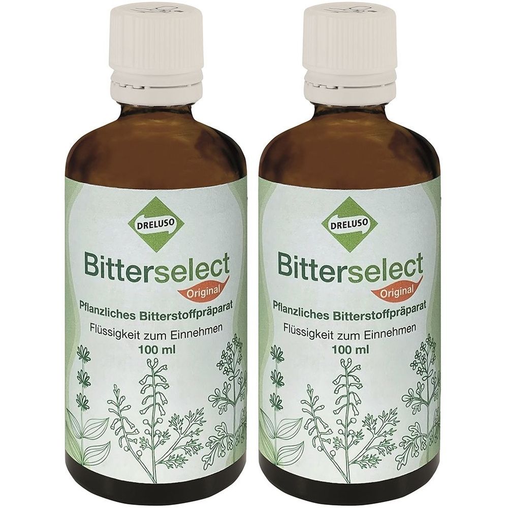 Zwei braune Glasflaschen mit weißem Verschluss. Auf den Etiketten steht "Bitterselect", "Original" und "100 ml".