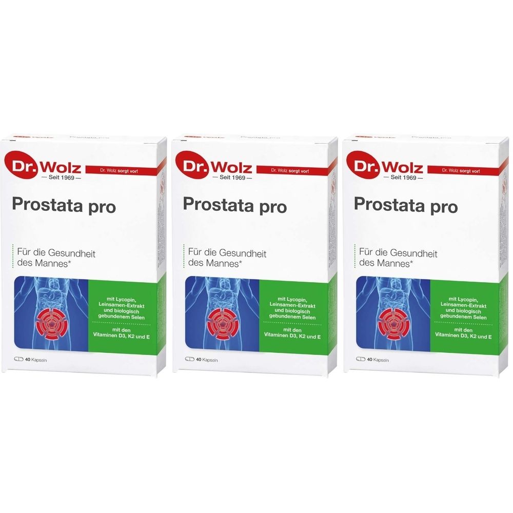 Drei Packungen Prostata pro. Weiße Schachteln mit rotem Logo und grünen Akzenten. Text: Für die Gesundheit des Mannes.