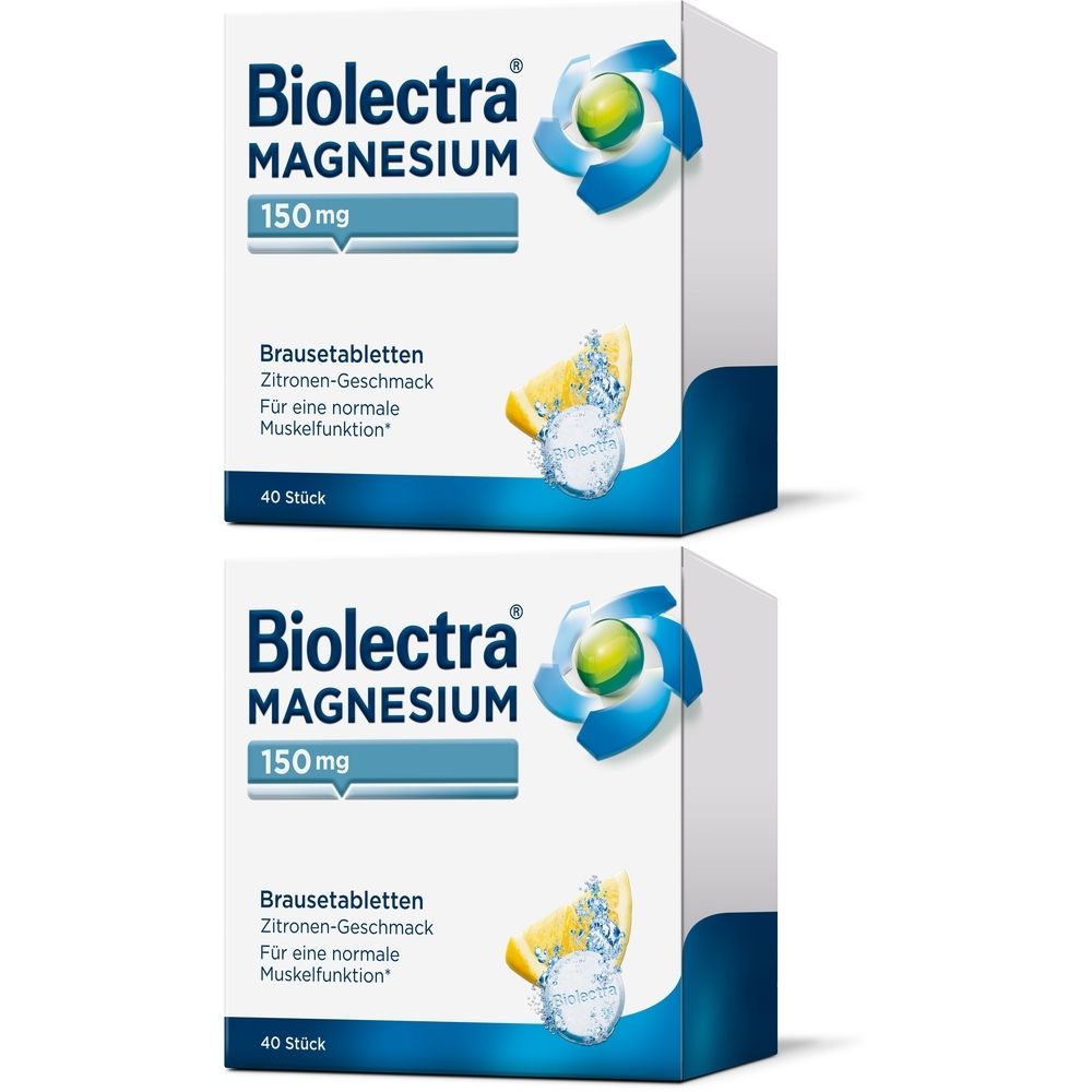 Deux boîtes de comprimés effervescents Biolectra Magnesium. Boîtes blanches avec texte et logo bleus. Goût citron, 150 mg, 40 pièces.