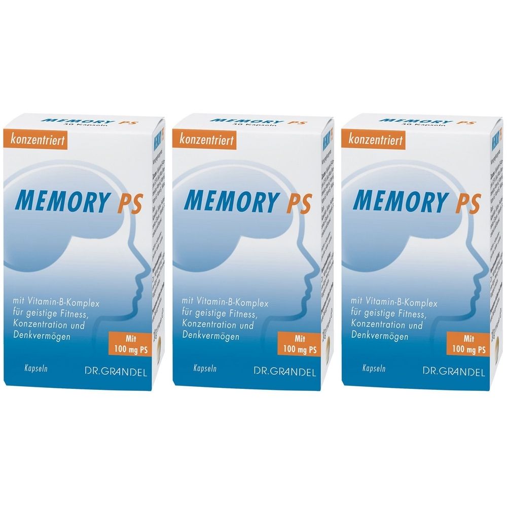 Trois boîtes de gélules MEMORY PS. Inscription : concentré, MEMORY PS, avec complexe de vitamine B, 100 mg PS, DR. GRANDEL.