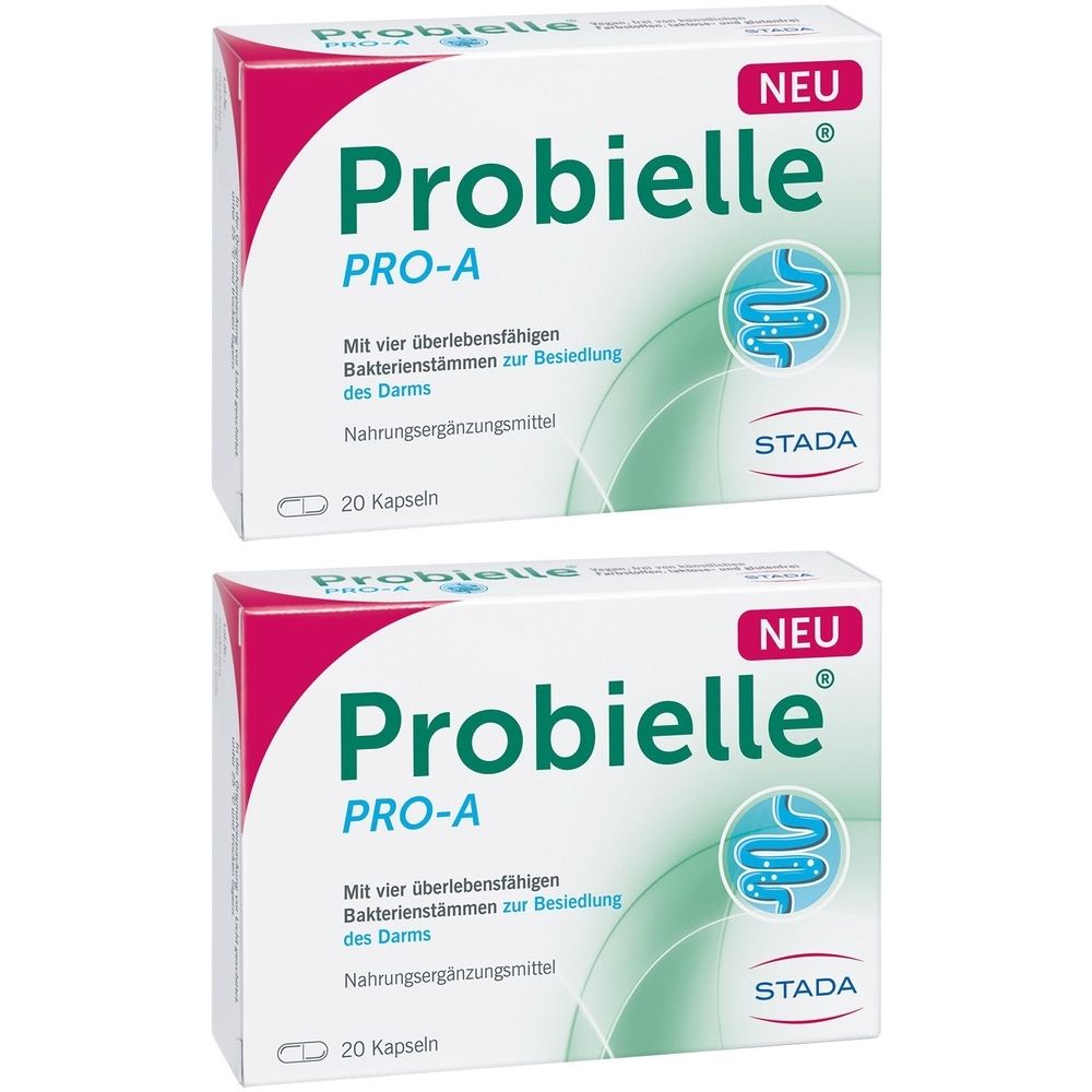 Zwei Packungen Probielle PRO-A Probiotika Kapseln. Weiße Kartons mit grüner und pinkfarbener Schrift. 20 Kapseln pro Packung.