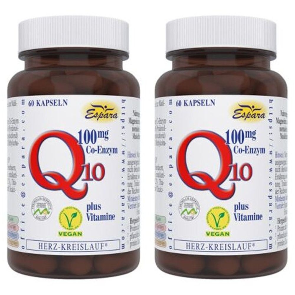 Zwei Flaschen mit braunen Kapseln. Aufschrift: Q10 100mg Co-Enzym, plus Vitamine, Vegan. Marke Espara. Aufschrift: Herz-Kreislauf.