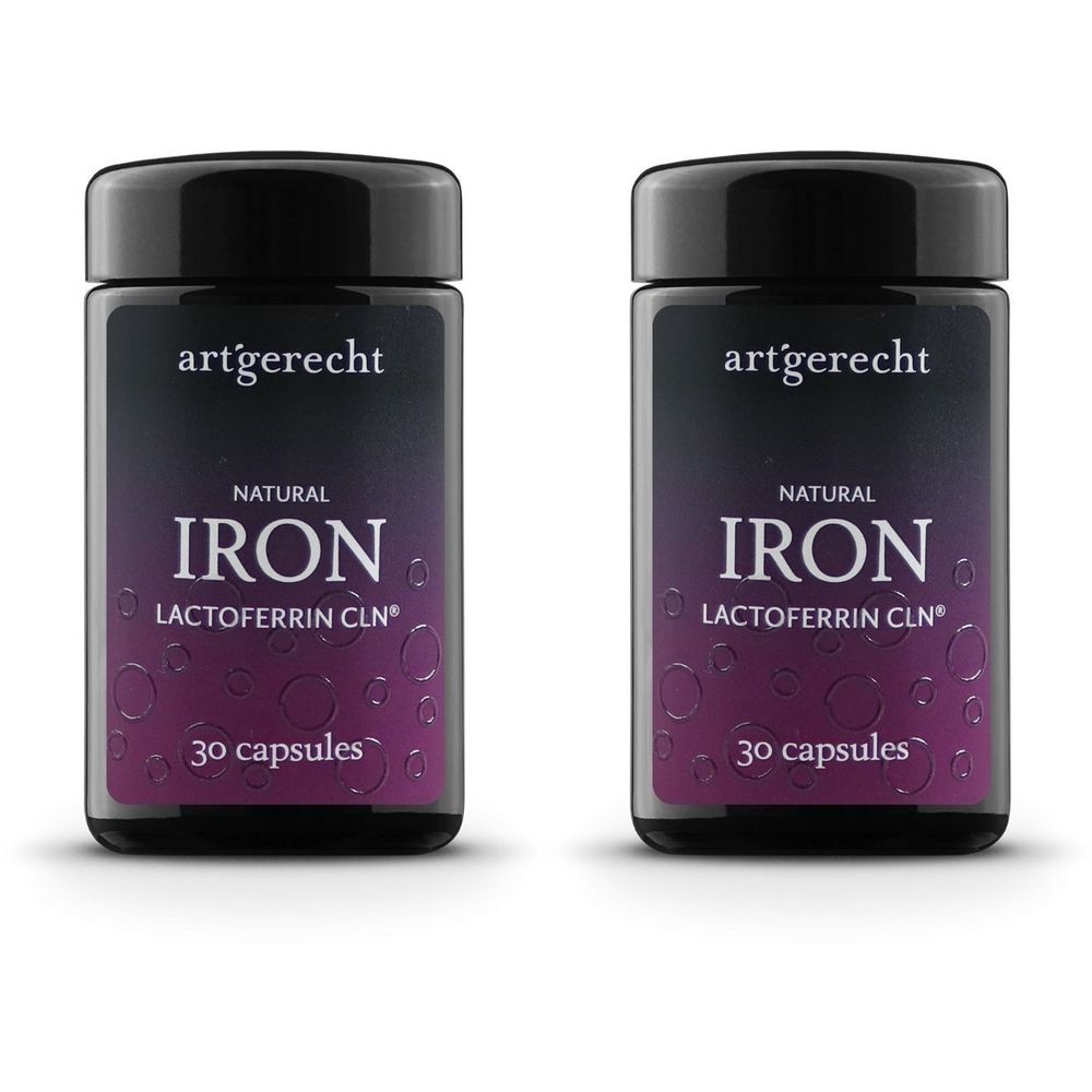 Zwei Flaschen mit schwarzem Deckel. Aufschrift: art´gerecht NATURAL IRON, Lactoferrin CLN, 30 Kapseln.