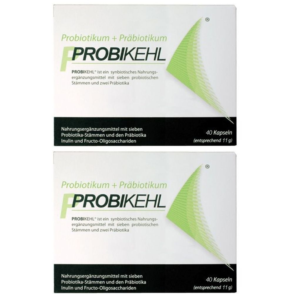 Zwei Packungen Probikehl. Weiße Schachteln mit grünen Akzenten und Produktinformationen. Enthält 40 Kapseln.