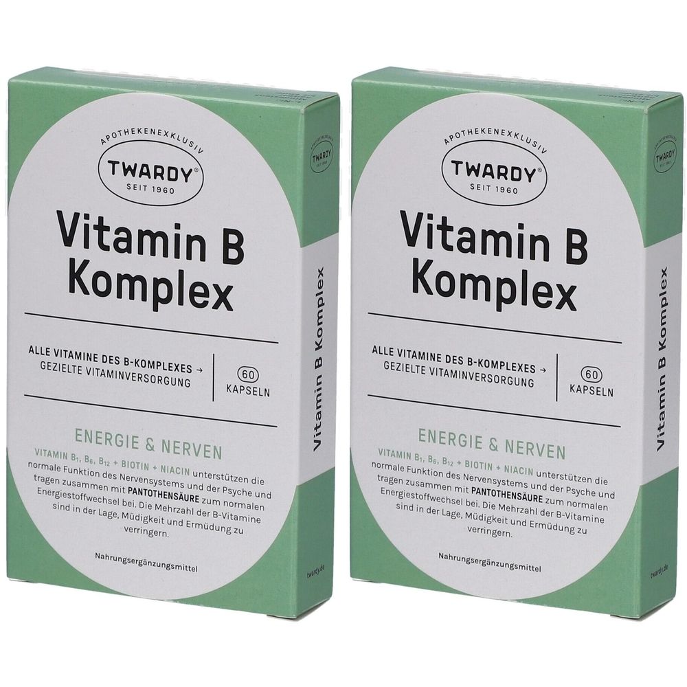 Deux boîtes vertes avec "Twardy Vitamin B Komplex". Contient 60 gélules. Texte : Energie & Nerfs.