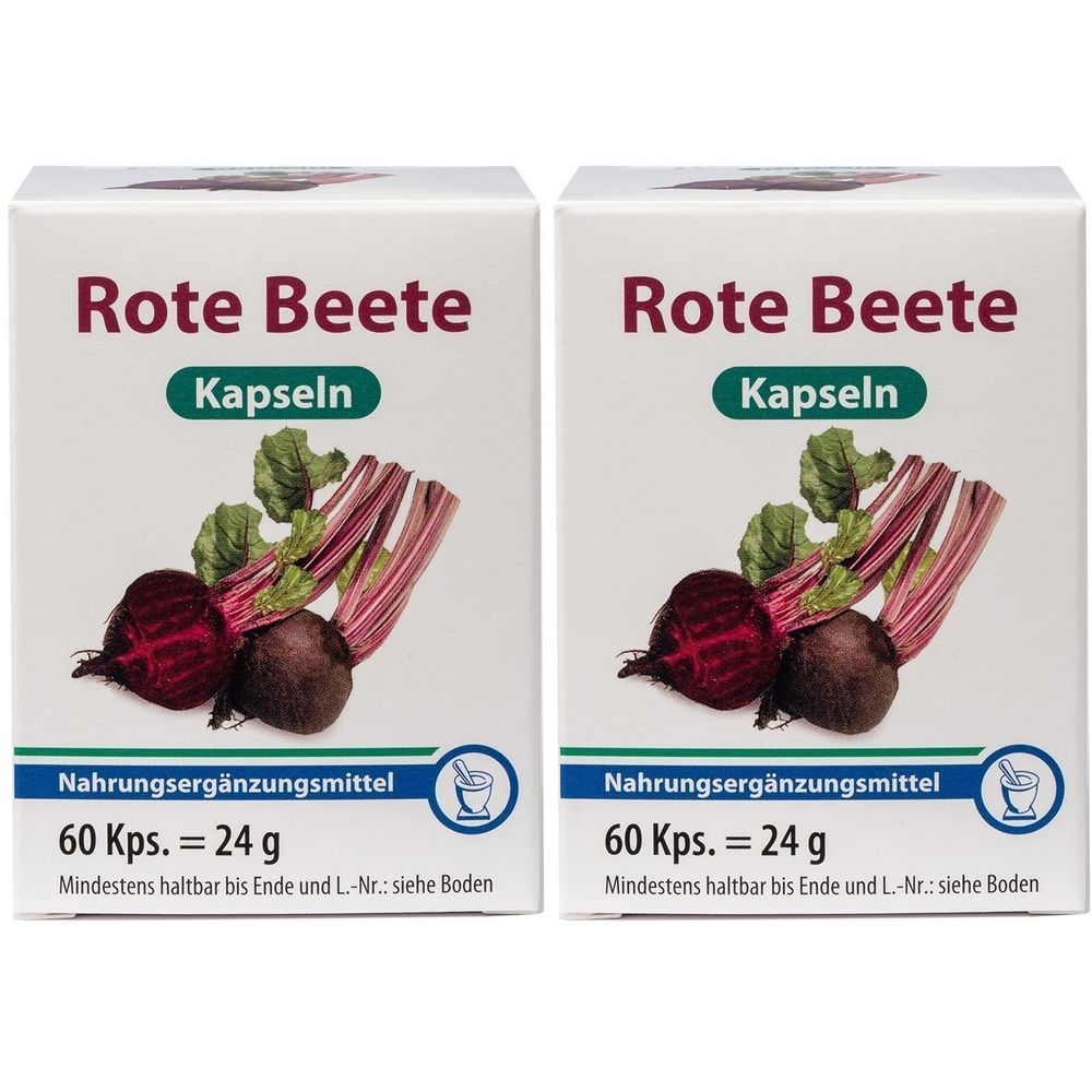 Deux boîtes blanches avec l'inscription "Rote Beete Kapseln". Illustration de betteraves rouges. Texte : Complément alimentaire, 60 gélules = 24 g.