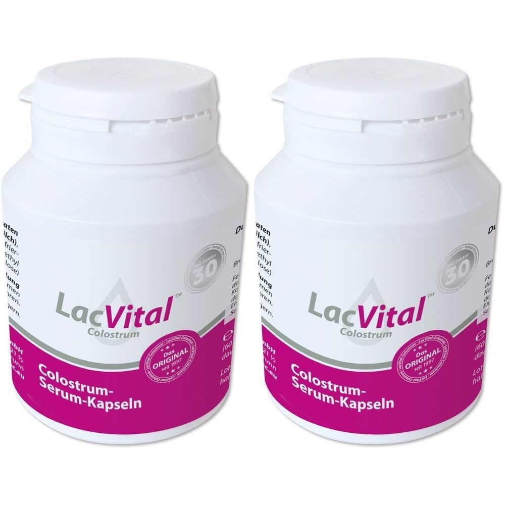 Deux flacons blancs avec couvercles. Inscription: LacVital Colostrum, Serum-Kapseln. Sur chaque flacon, un sceau rond avec du texte.
