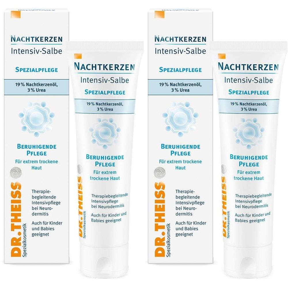 Trois tubes et deux boîtes. Inscription : Nachtkerzen Intensiv-Salbe, Spezialpflege, 19% Nachtkerzenöl, 3% Urea. Beruhigende Pflege.