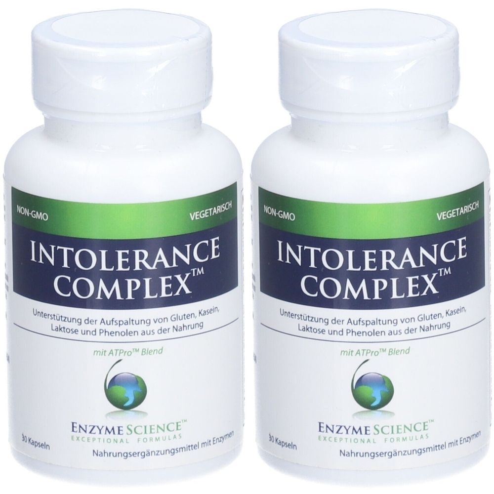 Deux flacons blancs avec INTOLERANCE COMPLEX™. Inscription: Enzyme Science. Capsules. Végétarien. Sans OGM.