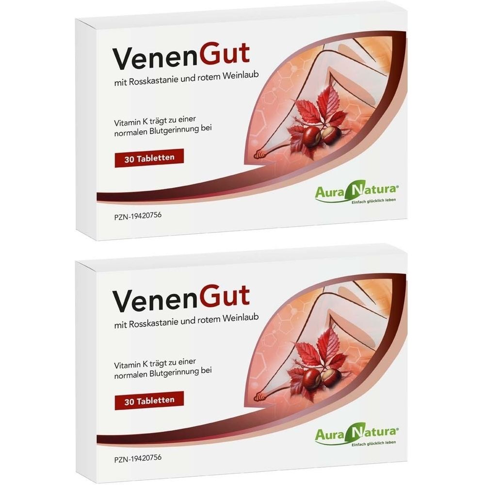 Zwei Schachteln VenenGut Tabletten. Aufschrift: VenenGut, mit Rosskastanie und rotem Weinlaub. 30 Tabletten. Marke Aura Natura.