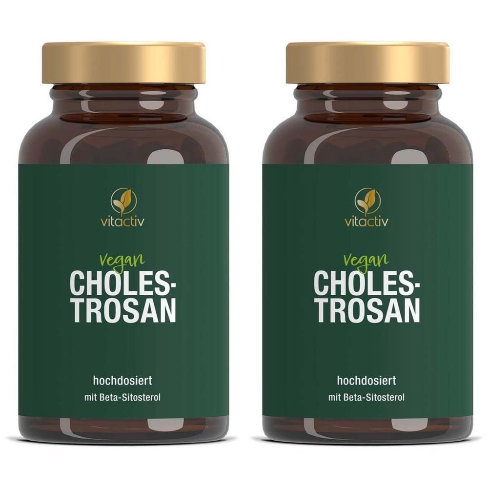Zwei Flaschen Vitactiv Cholestrosan mit Golddeckel und grünen Etiketten.